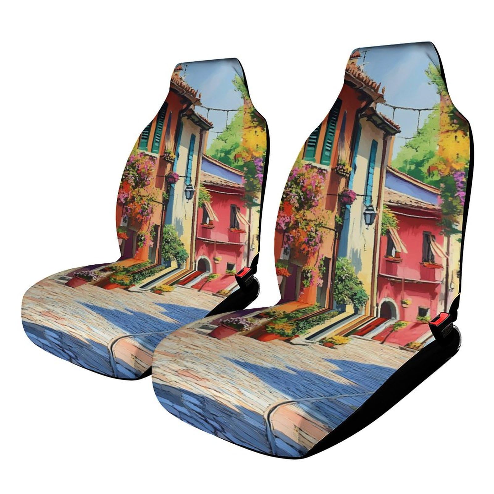 Italian Houses and Flowers Car Seat Covers Universal Car Front Seats Protector Auto Interior Accessories 2PCS