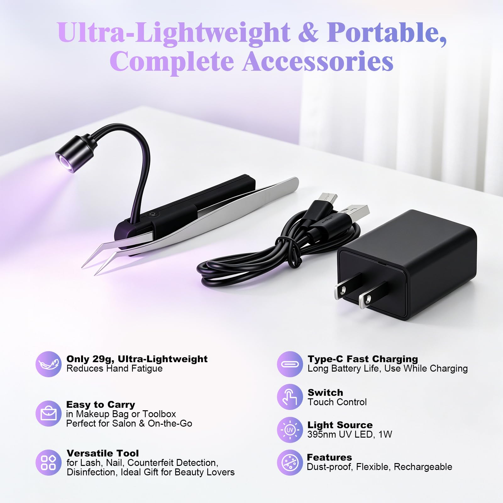 Mini UV Lampe Wimpernverlängerung, 1 W Hand-UV-Lampe mit Pinzette