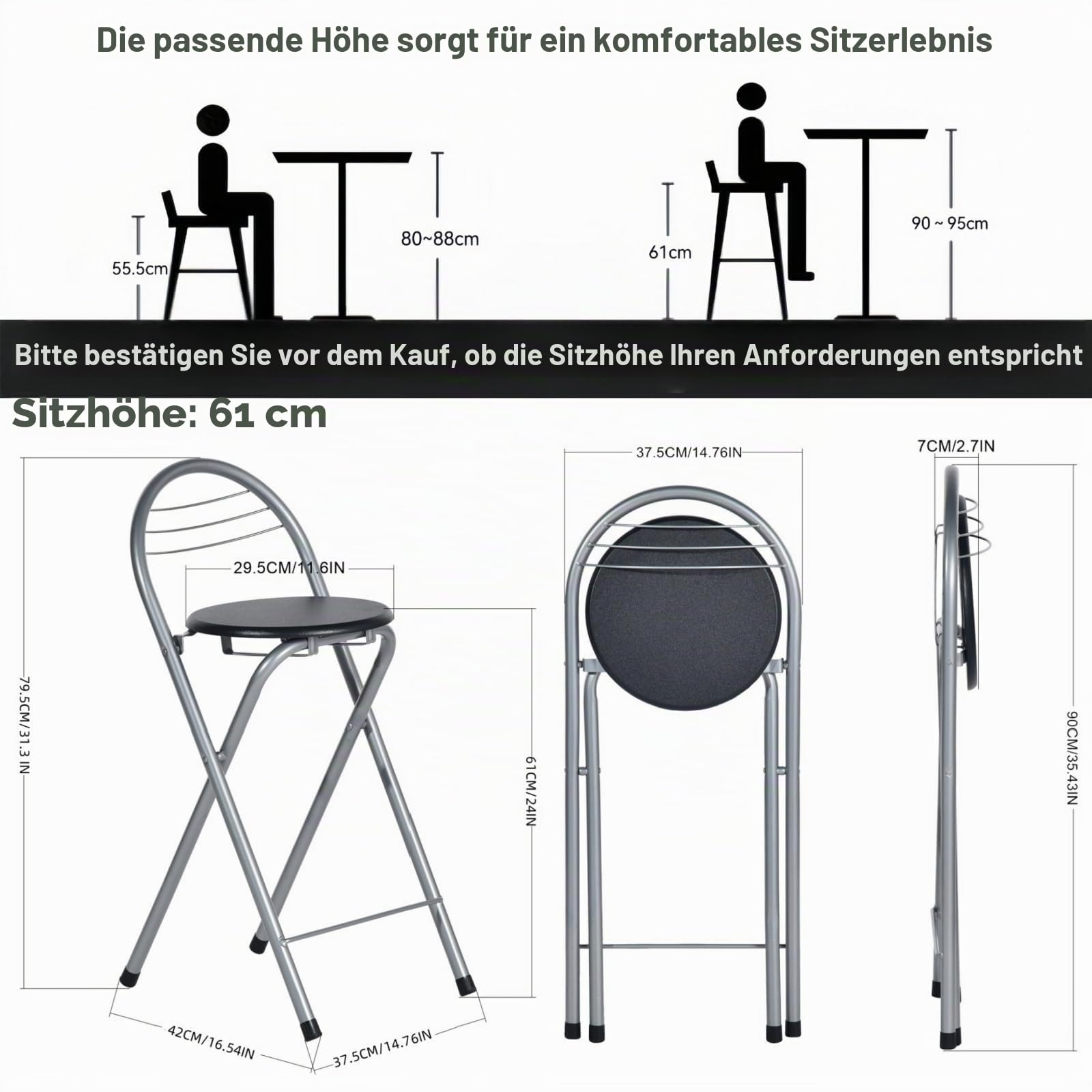 Barhocker Klappbar 2er Set, Klappbarer Barhocker mit Lehne Faltbar Klapphocker Tragbarer Hocker Klappbar für Bar Küche Balkon oder Outdoor, Sitzhöhe 61 cm, Schwarz und Silber