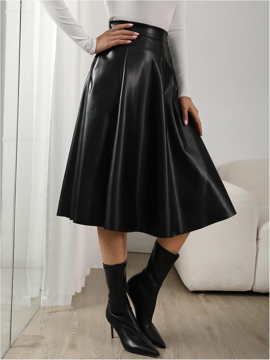 GORGLITTER Women's Leather Aline Midi Skirts Y2k Casual Trendy High Waisted Going Out Outfits Maxi Skirt with Pockets