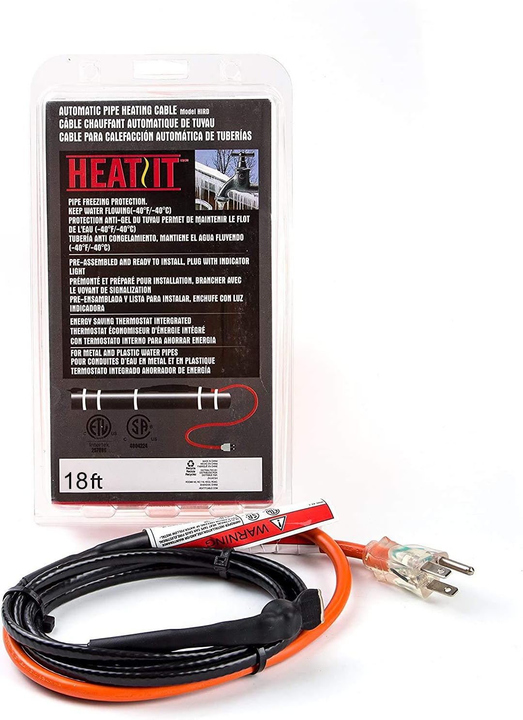 HEATIT HISD 18-feet Pipe Heating Cable with Built-in Thermostat 7W/ft - - 