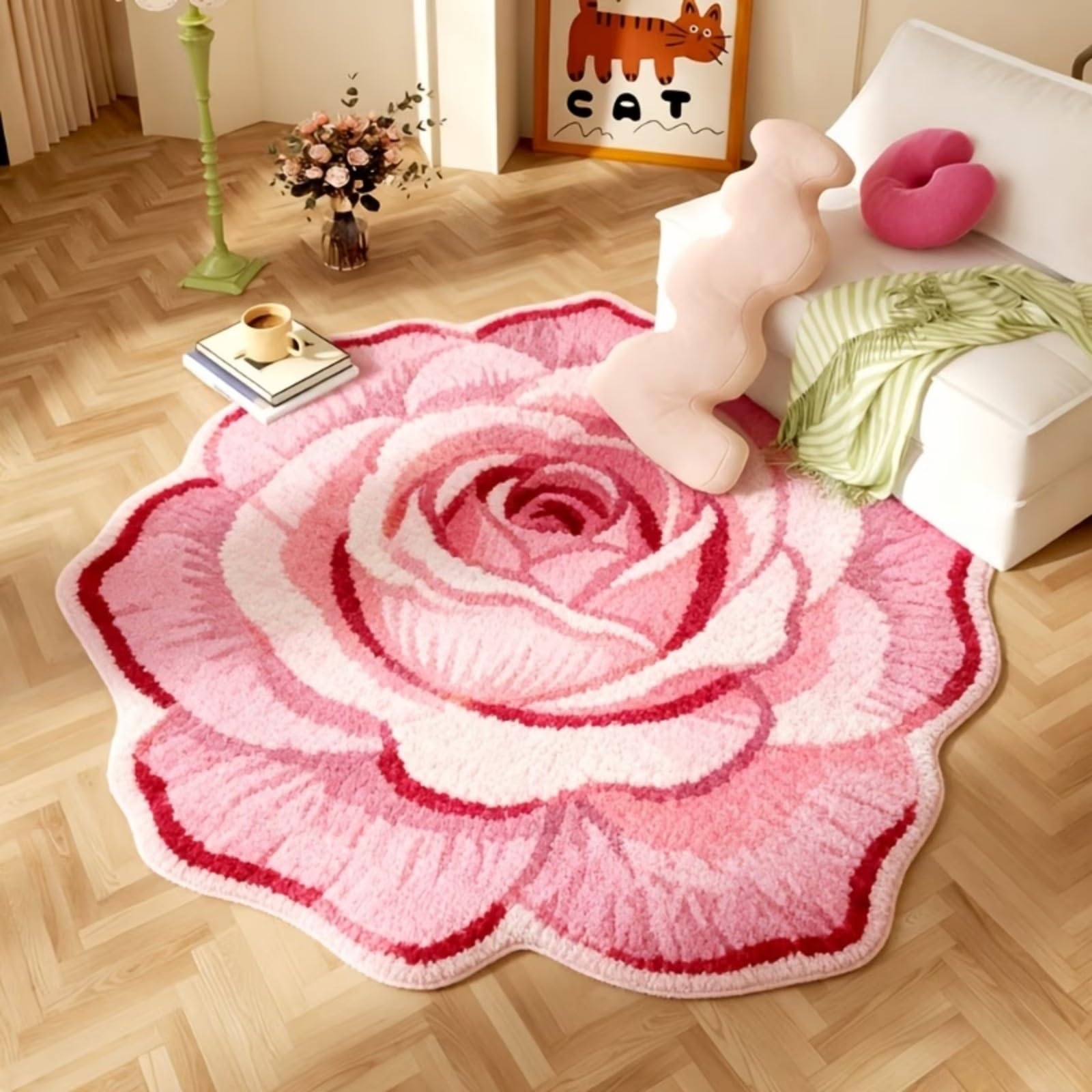 WAOTMN Gradient Pink Rose Round Rugs for Living Room 230cm, Creative Irregular Floral Pattern Circle Rug,Machine Washable Stylish Home Carpet Floor Rugs for Bedroom Round Bath Mat