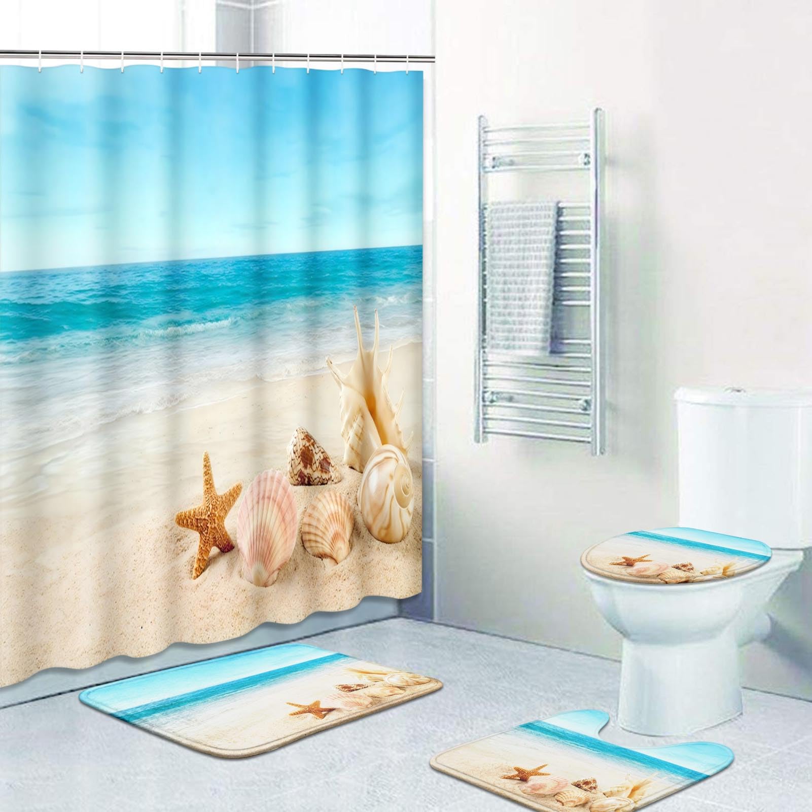 Rideau de douche coquillages et ensemble tapis de bain 4 pièces avec 12 crochets