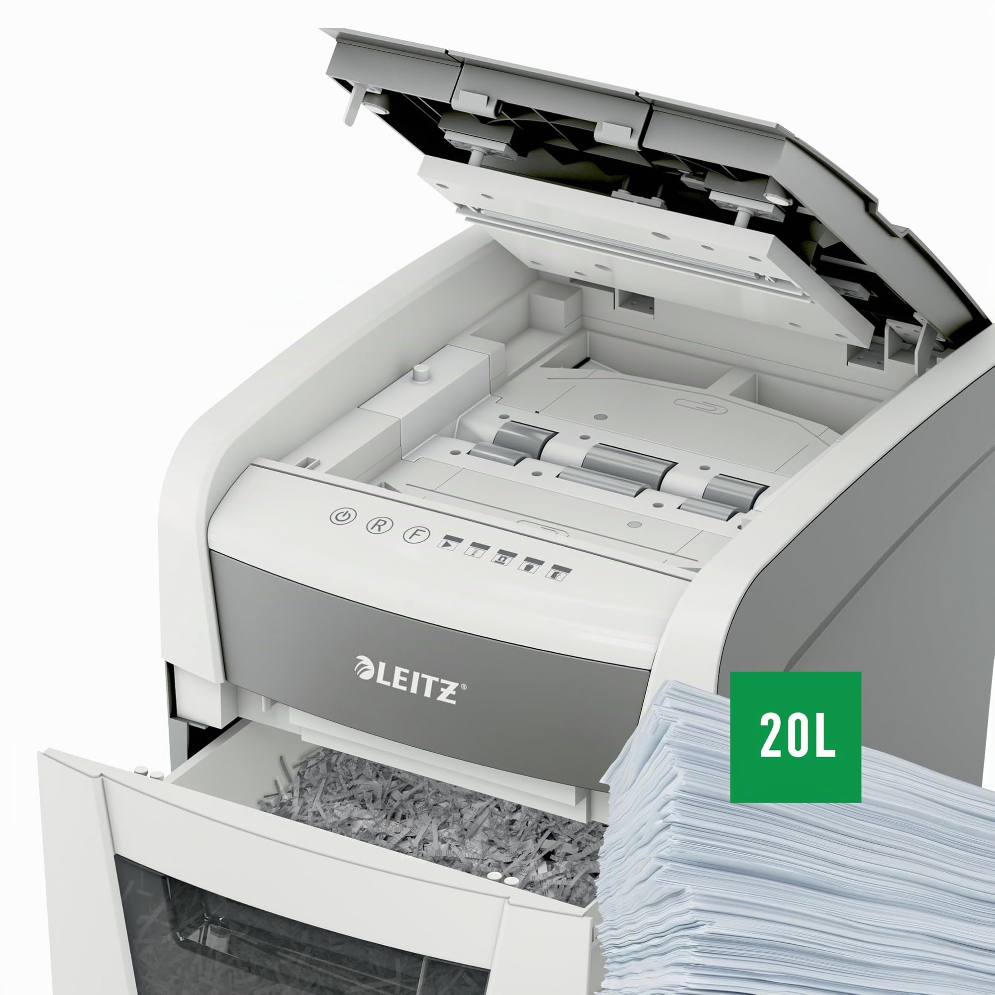Leitz IQ Autofeed Small Office 50X P4 Distruggidocumenti Automatico a Taglio Incrociato, per 50 fogli, 20 litri - Bianco