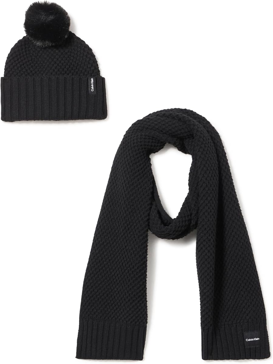 Conjunto de bufanda y gorro de punto tipo gofre grueso para mujer