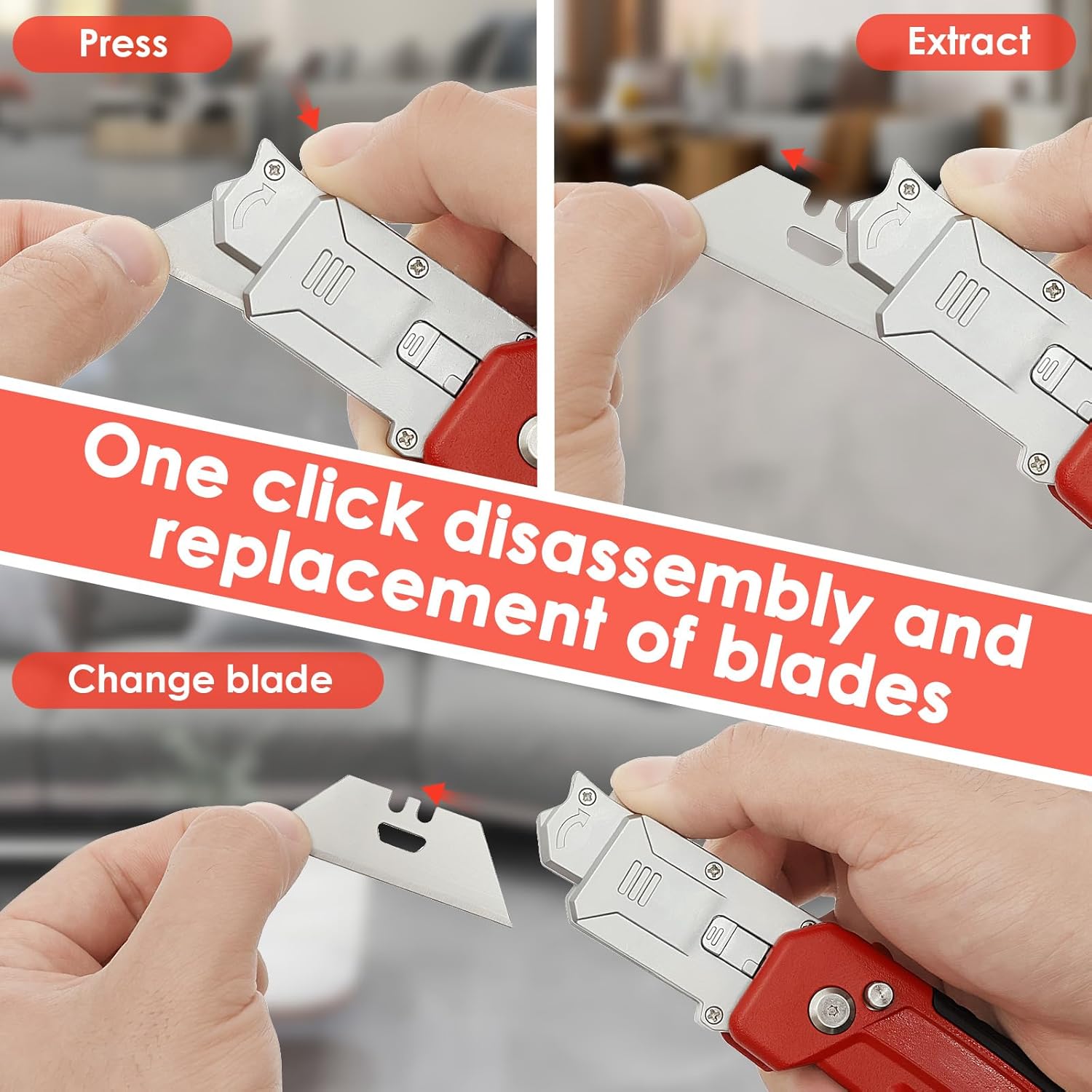 2 in 1 Folding Utility Knife and Scraper with 3 Replacement Blades Built-In Blade Storage, Lock Design, Clip and Holder for Belt