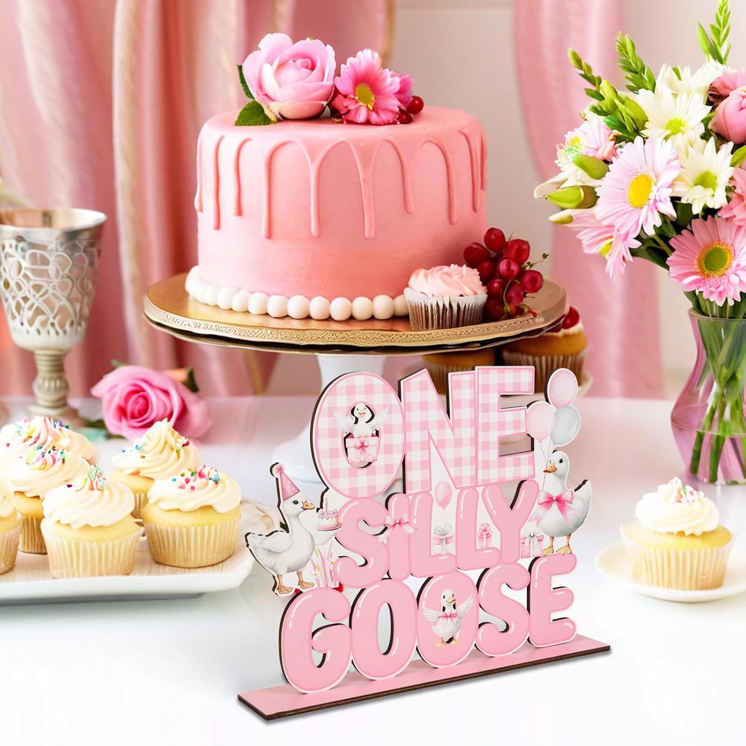 One Silly Goose Birthday Decor Girl Wooden Goose Table Decor Pink One Silly Geese Birthday Centerpiece for Table Funny Geese Desk Sign Supplies for Farm Animal First Celebration image 3