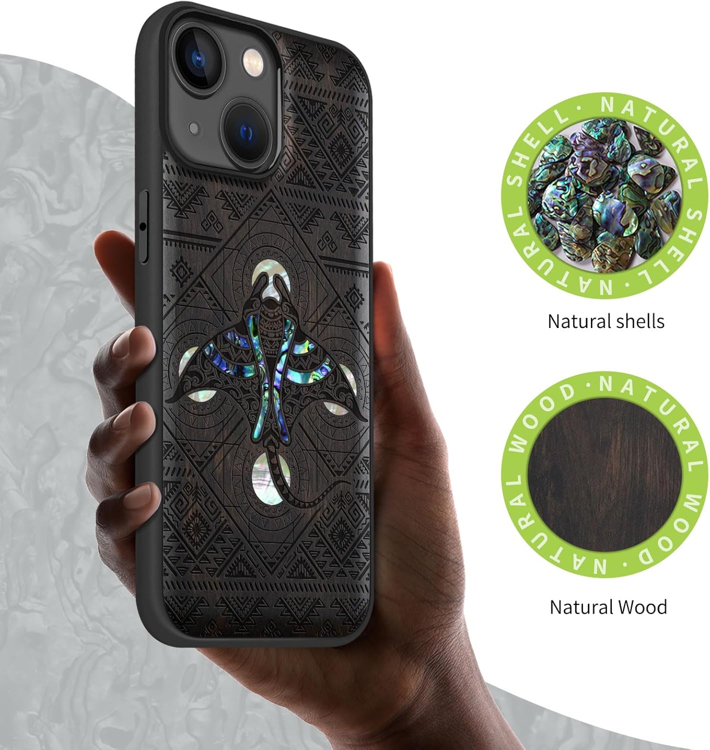 Carveit Designer Wooden Protective Magnetic Case for iPhone 14 Case [Wood Engraving & Shell Inlay] Compatible with iPhone 14 MagSafe (The Tribal Manta Rays-Blackwood)