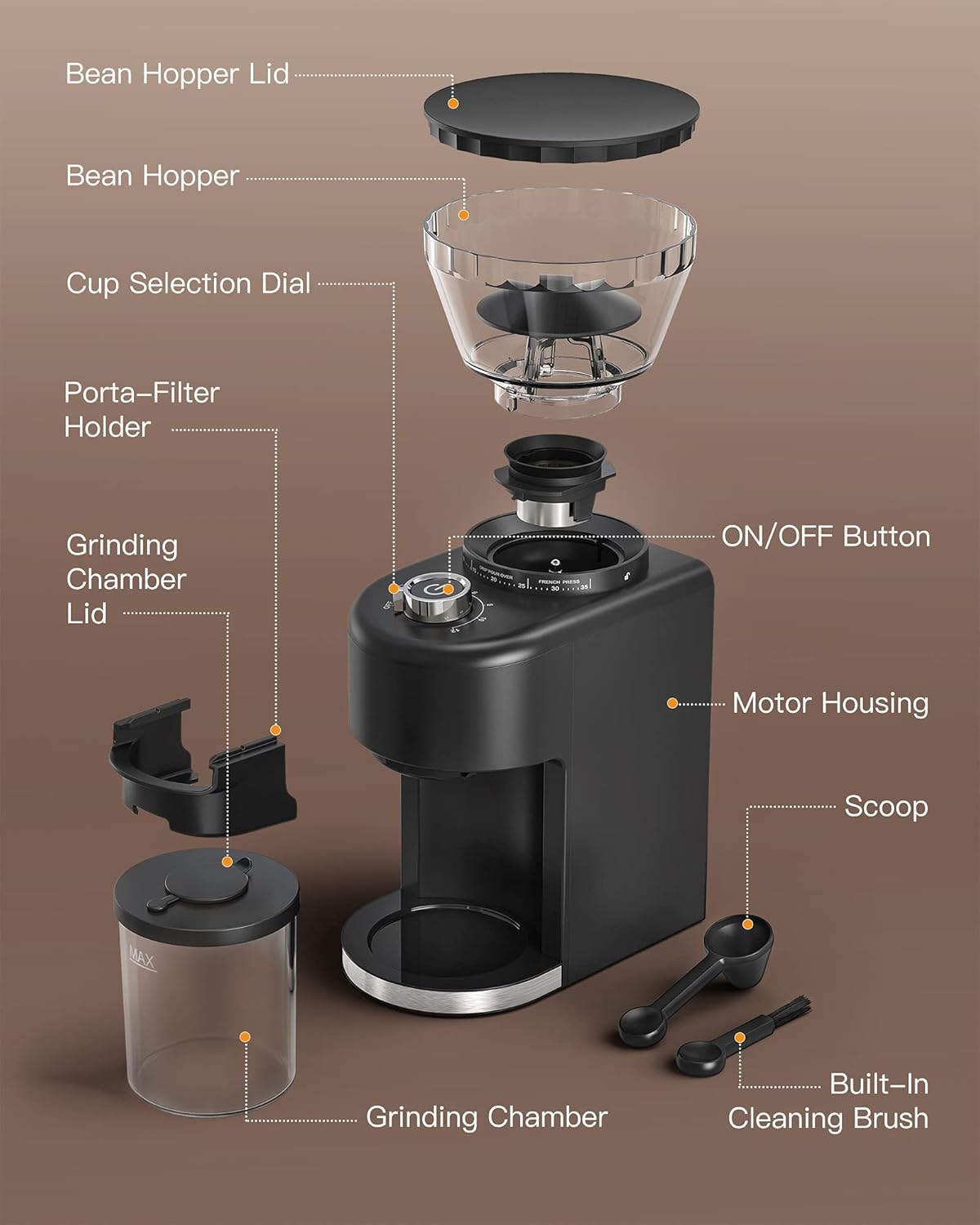 Coffee Grinder Electric, Conical Burr Coffee Grinder with 35 Grind Settings