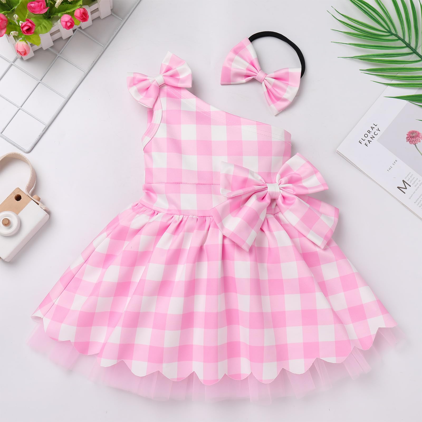 Pink Plaid Baby Girl Outfit Toddler Pink White Gingham Dresses Girls One Shoulder Ruffle Tulle Tutu Princess Plaid Dress with Hair Bow Dress Up Party Outfits Pink Gingham 18-24 Months