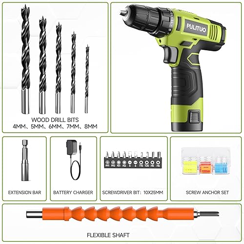 Miniatura 5 de PULITUO Juego de taladro eléctrico inalámbrico verde de 12 V con batería y cargador, taladro eléctrico mejoras para el hogar, portabrocas sin llave