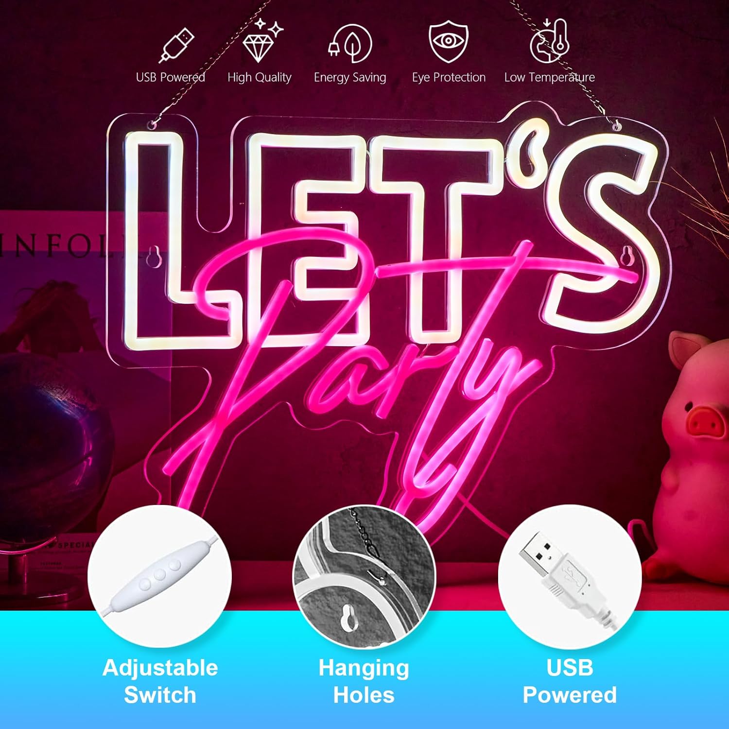 Let's Party Neon Sign Lets Party Neon Sign for Wall Decor Party Decorations USB Dimmable LED Neon Lights for Birthday Wedding Beer Bar Kitchen Restaurant Home Bar Pub Tavern Party Man Cave Club Shops Hotel Store Business Gift - Image 3