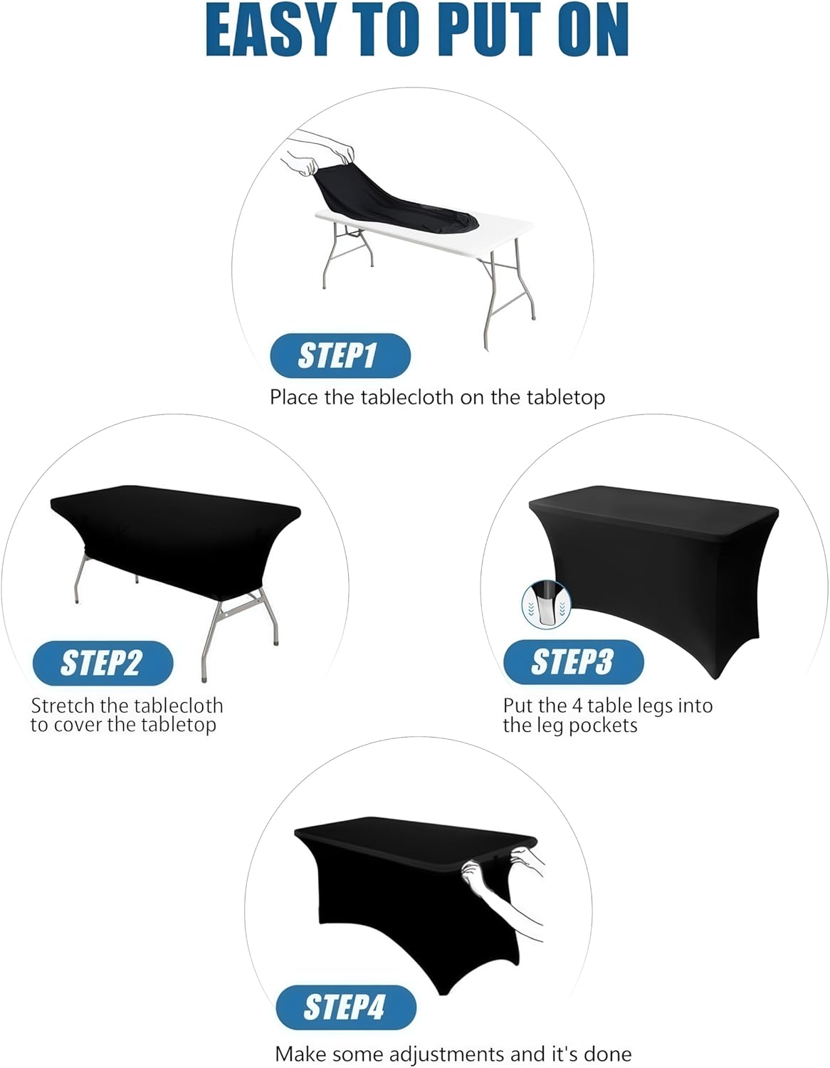 4FT Black Table Cloth - 2 Pack, Fitted Stretch Rectangle Spandex Tablecloth, Washable Table Cover for Party, Dining, Wedding, Banquet and Festival(Black, 30" x 48")
