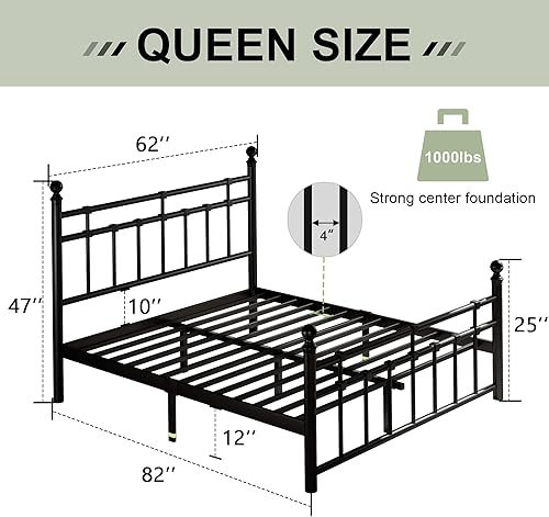 Miniatura 15 de Feonase Base de cama de plataforma de metal de tamaño matrimonial con cabecero y estribo clásico victoriano, listones resistentes, almacenamiento