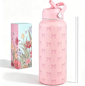 Pink Bow Water Bottle, 32oz/1L Stainless Steel Insulated Water Bottle with Straw and Handle, Cold and Heat Preservation, Leak-Proof Water Bottles for School Gym Travel, Gifts for Teens Girls Women
