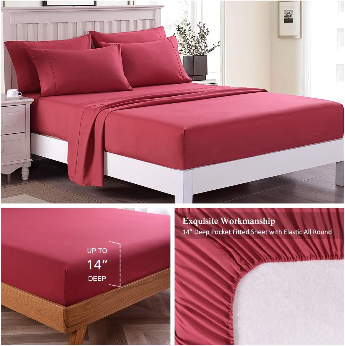 JML Bed Sheet King, Sheet Set 3-Piece 3000 Thread Count Microfiber Bed Sheet Set Deep Pocket Up to 14" - Soft Wrinkle & Fade Resistant, Hypoallergenic Luxury Bedding Set, Burgundy