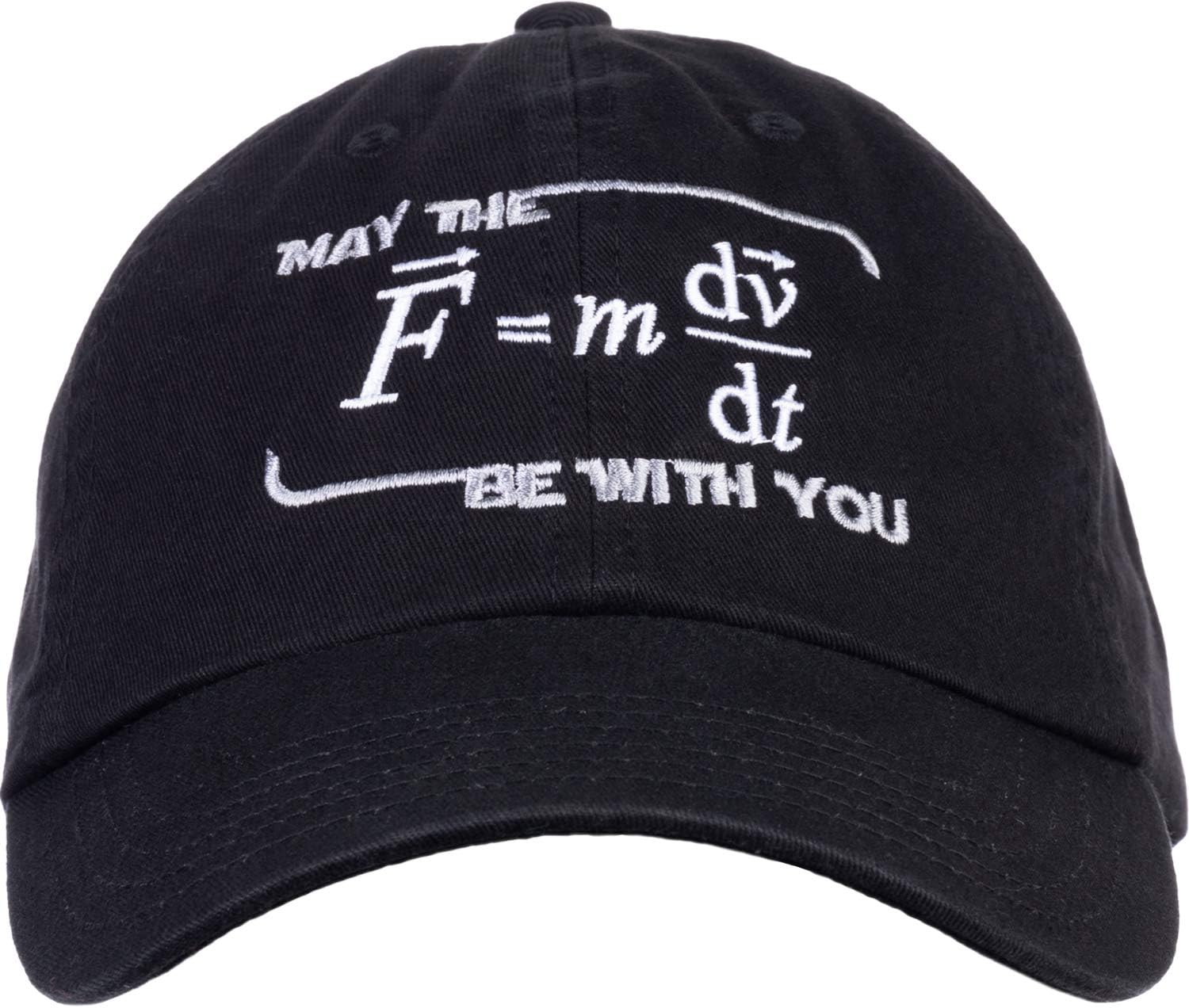 Ann Arbor T-shirt Co. May The (F=m*dv/dt) Be with You | Funny Physics Science Men's or Women's Baseball Dad Hat Black