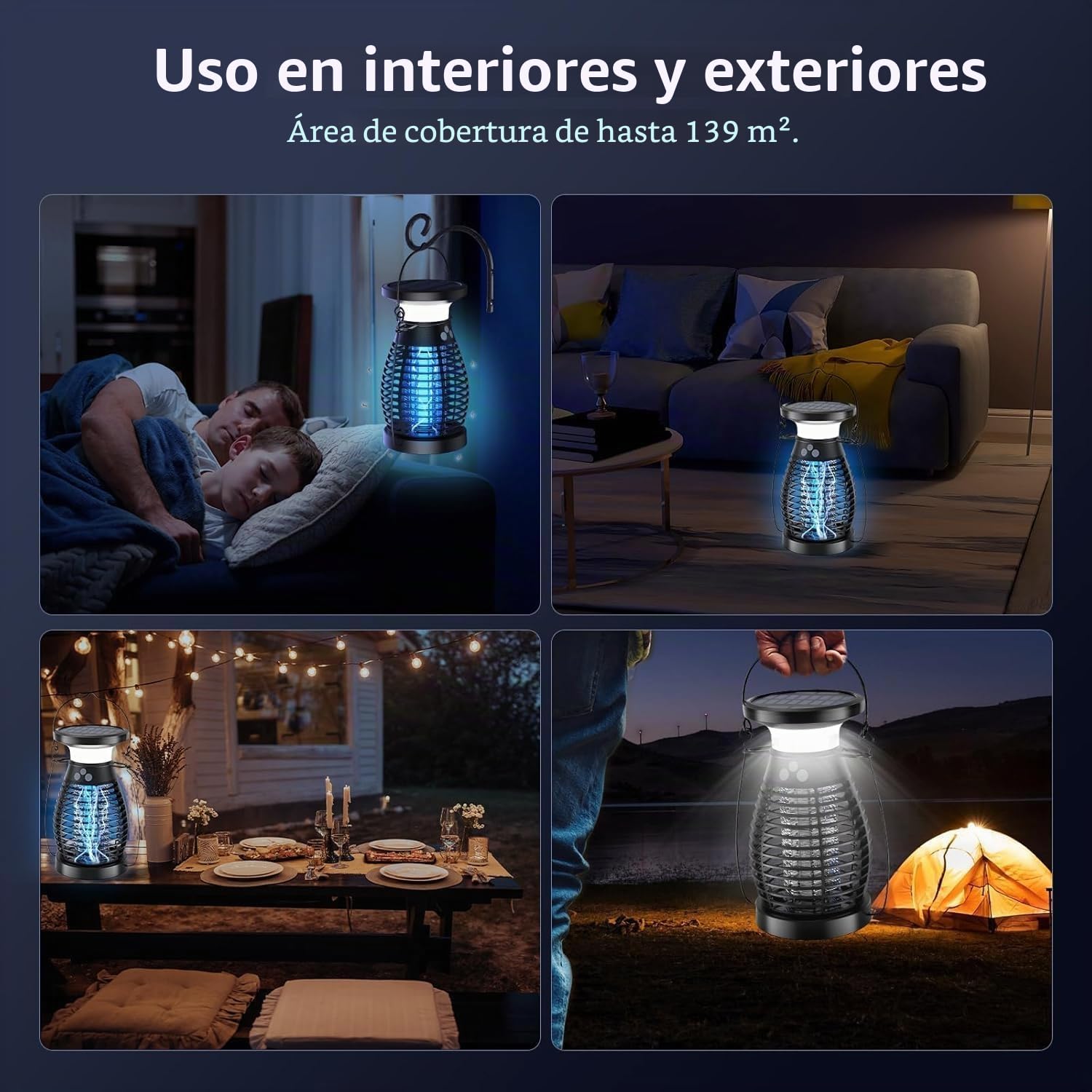 Solar Lampara Antimosquitos, 3 IN 1 UV Mata Mosquitos Electrico, 4200V USB Recargable Lampara Mosquitos IP66 Impermeable Trampa Moscas para Oficina Dormitorio Cocina Jardín Camping (Morado)