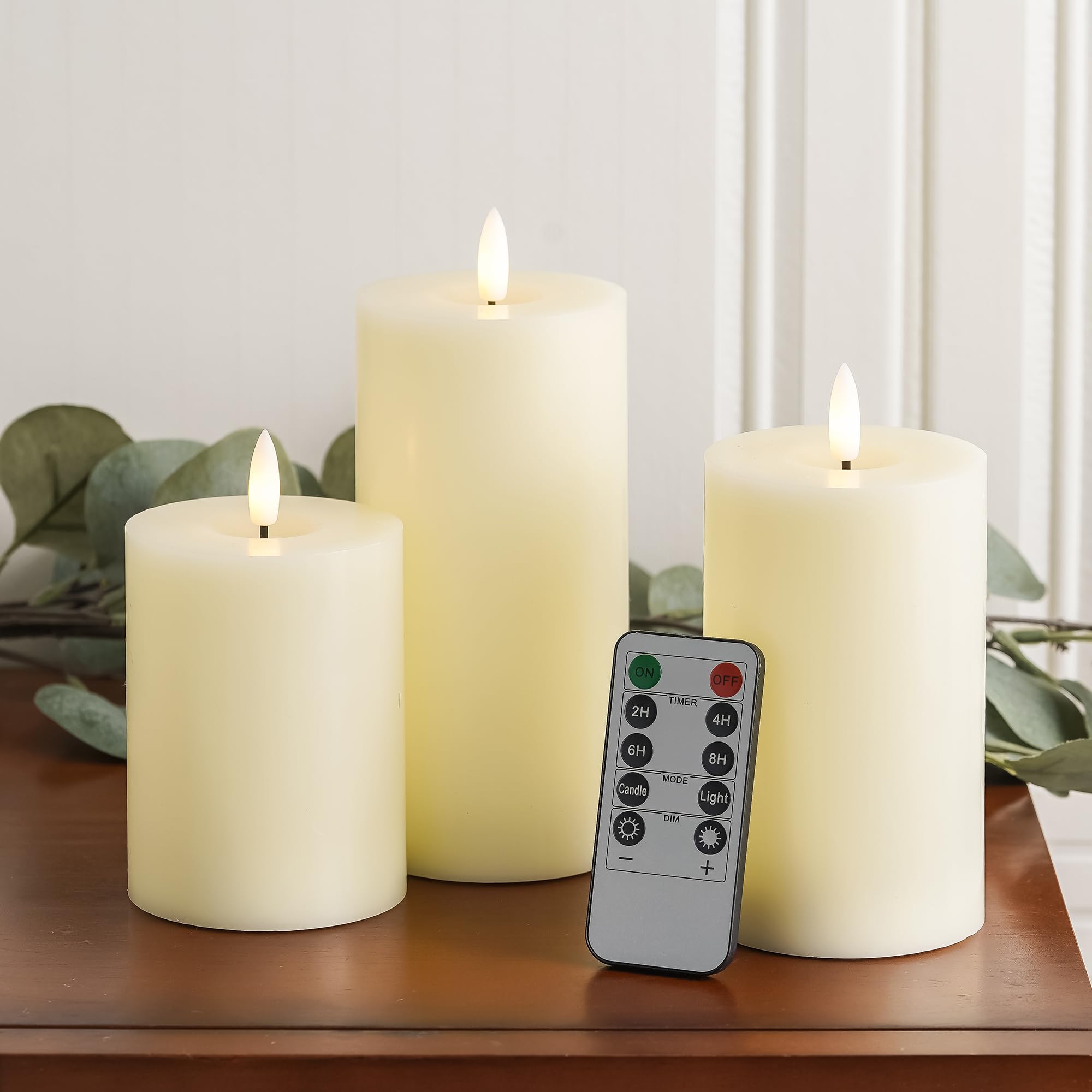 Ivory Flameless Candles with Remote and Timer, Real Wax Made LED Pillar Candles Battery Operated with 3D Flickering Flame - 3" x 4", 3" x 5", 3" x 6" - Set of 3