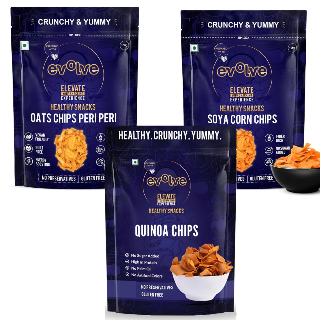 Evolve Healthy Snacks Pack of 3 Oats chips, Quinoa chips and Soya corn chips 100gm each | All Natural Millets and Grains | Vacuum Cooked | No Added Preservatives