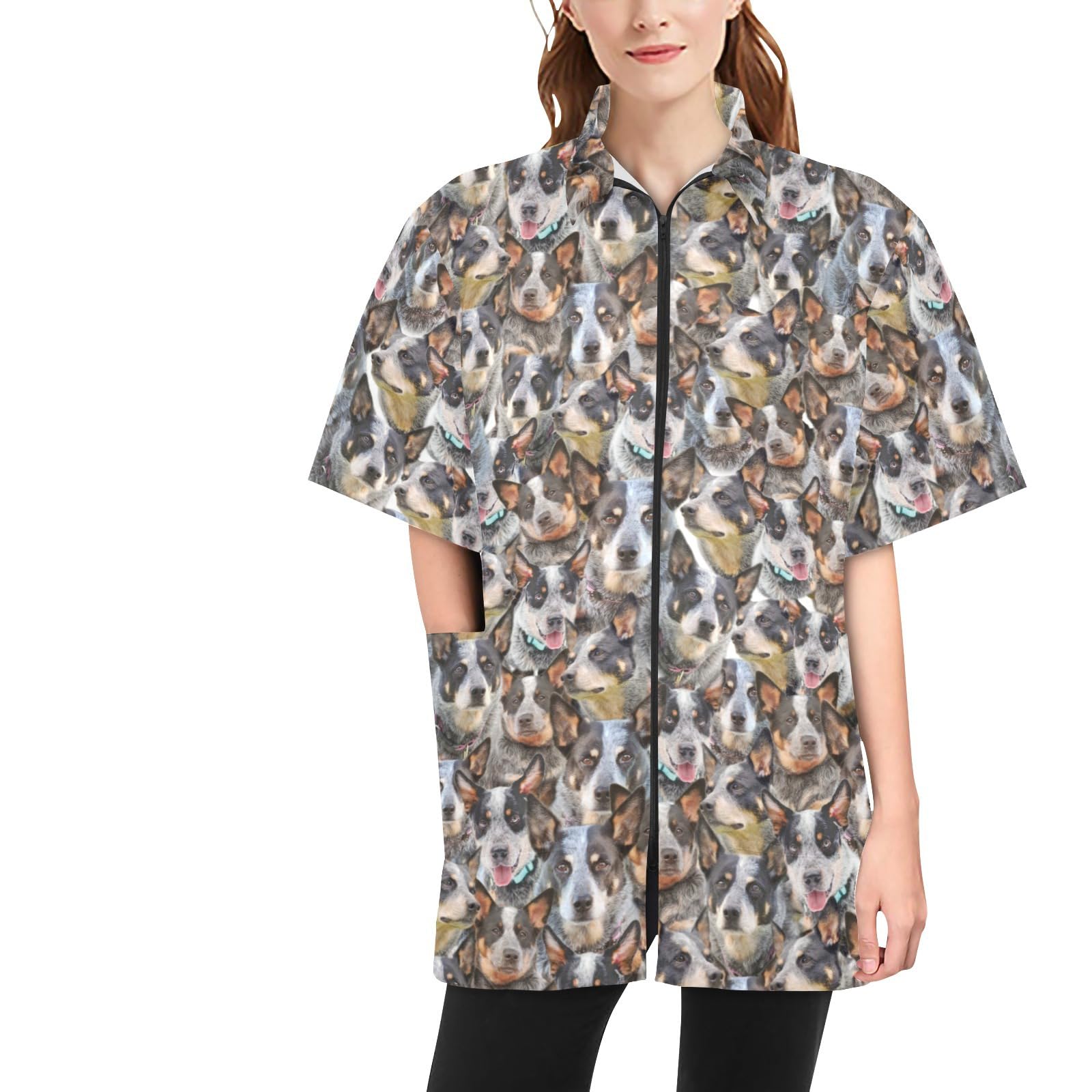 COWCUTE Pet Grooming Smocks Australian Cattle Dog Print Work Clothes for Pet Groomer Barber, Waterproof Jackets for Women Men