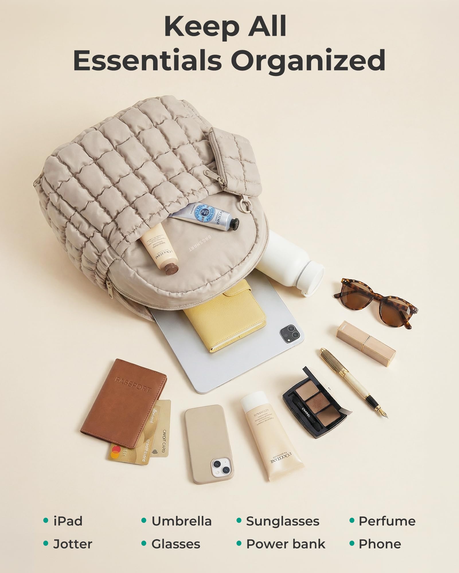 BAGSMART Mini Backpacks for Women, Puffy Checkered Quilted Small Backpack with Pouch, Lightweight Daypack Purse, Water-Resistant Bookbag for Daily Travel College, 2-in-1 Set, Brown - 5