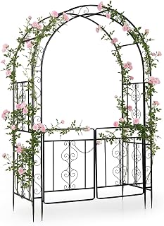 COSTWAY Garden Arch with Gate, Metal Pergola Arbor Trellis for Climbing Plant Rose Vines, Heavy Duty Plants Support Archway for Lawn Backyard Party Wedding (with Scroll Pattern, 135 x 60 x 213cm)
