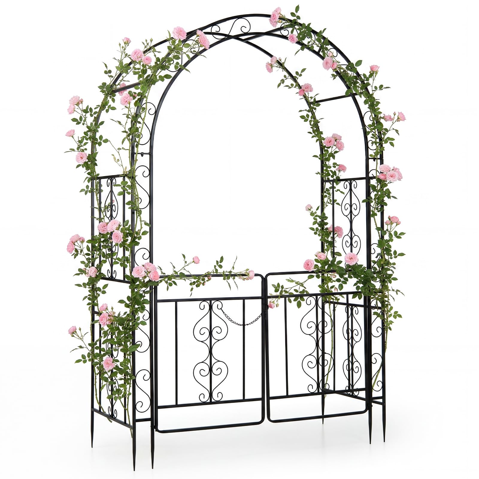 COSTWAY Arco da Giardino con Cancello, Pergolato per Piante Rampicanti | Pergola Decorativa in Metallo con Piedini a Punta e Chiusura, per Rose, Viti e Fiori da Matrimoni e Feste, 135x60x213 cm