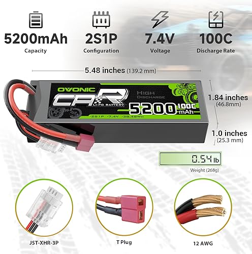 Miniatura 2 de OVONIC Lipo Batería 7.4V 100C 5200mAh 2S Batería Dean-Style T Conector con carcasa para RC Coche Camión Vehículo Buggy Losi 110 Escala Modelo de