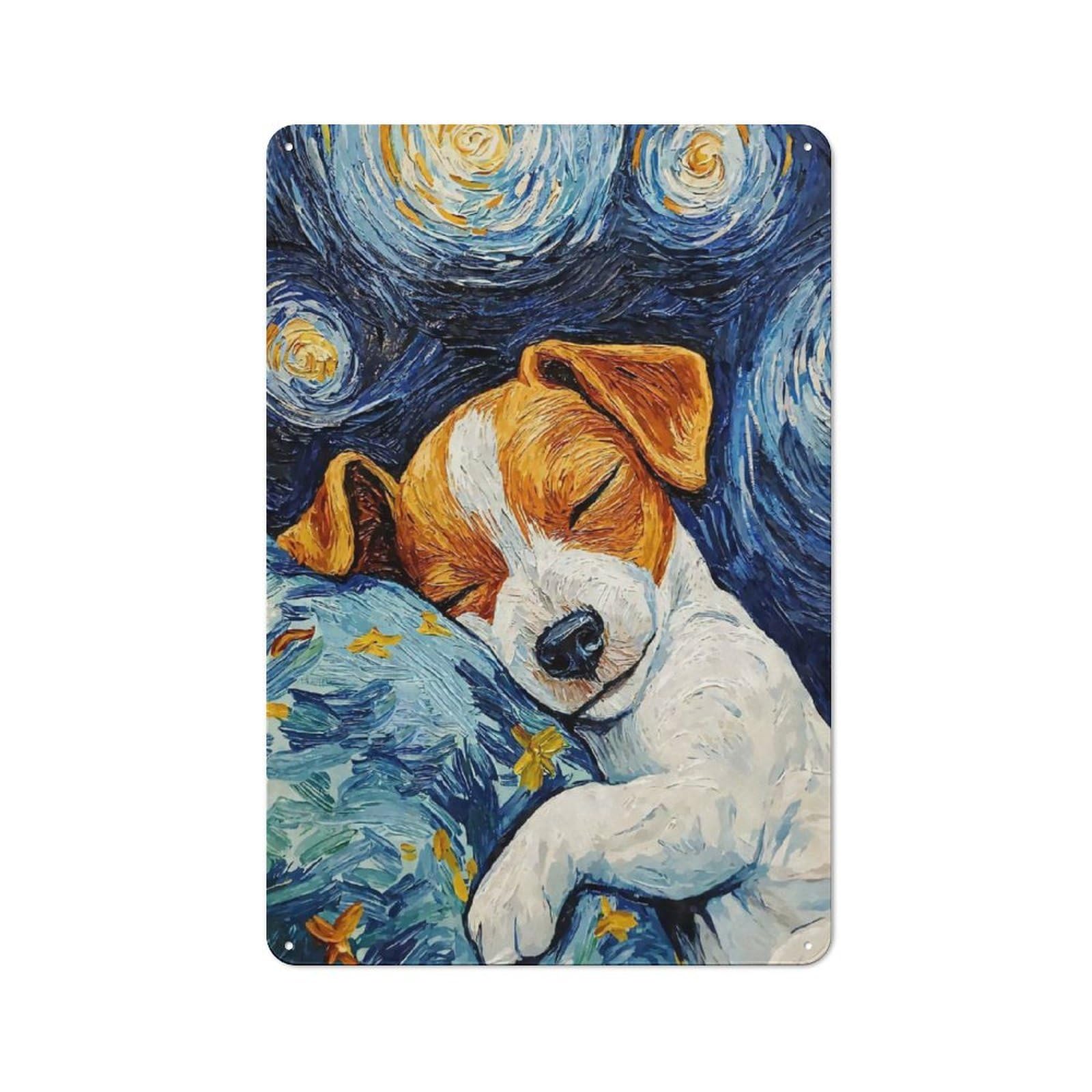 Junmoney Style-21 Sleeping Jack Russel Terrier Starry Night Printed Metal Sign 30X20cm For Lounge Or Reading Corner, A Winter Wall Decor Update For Reading Corner Decorators