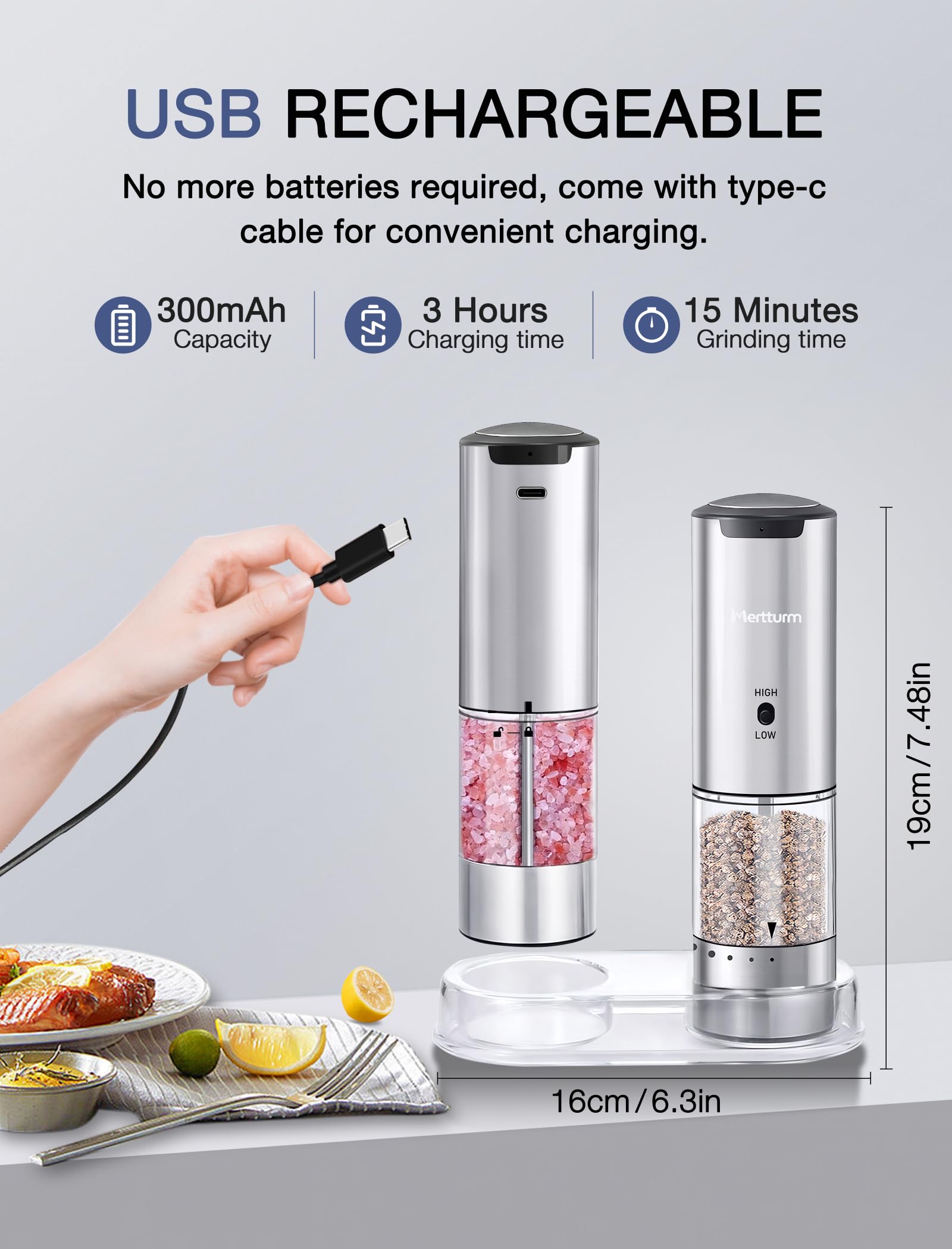 MERTTURM Macina Sale e Pepe Elettrico, Alta velocità di rettifica Macinaspezie, Contenitore Lavabile, Grana Esterna Regolabile, Acciaio Inossidabile per Cucinare, Barbecue, Cucina