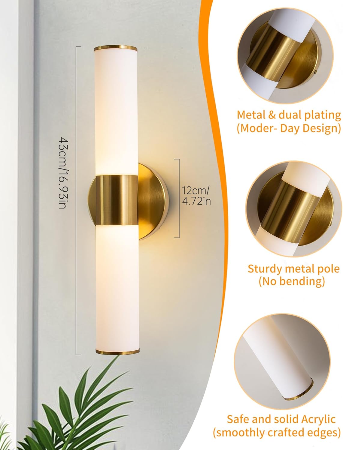 KSRYSZCQ Gold Wall Sconces Set of 2 Modern Indoor Dimmable Hardwired Wall Light with Acrylic Lampshade 18W Led Wall Lights for Bathroom Living Room Bedroom Hallway