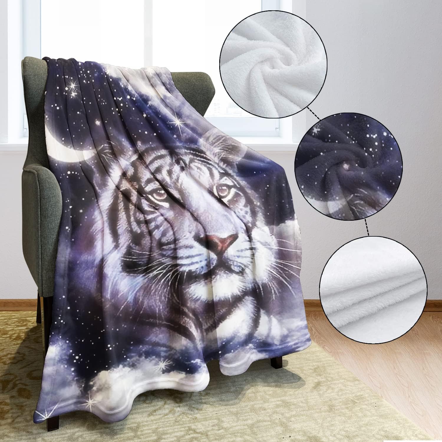 HommomH 60"x80" Stars Moon Tiger Blanket Soft Fluffy Fleece Throw for Couch Sofa Bed - Image 4