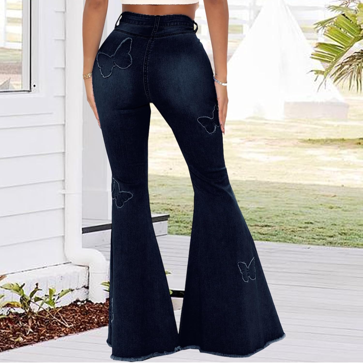 Women's Butterfly Bell Bottom Jeans Elastic High Waisted Embroidered Classic Flareed Jeans Raw Hem Denim Pants with Pocket - Image 8