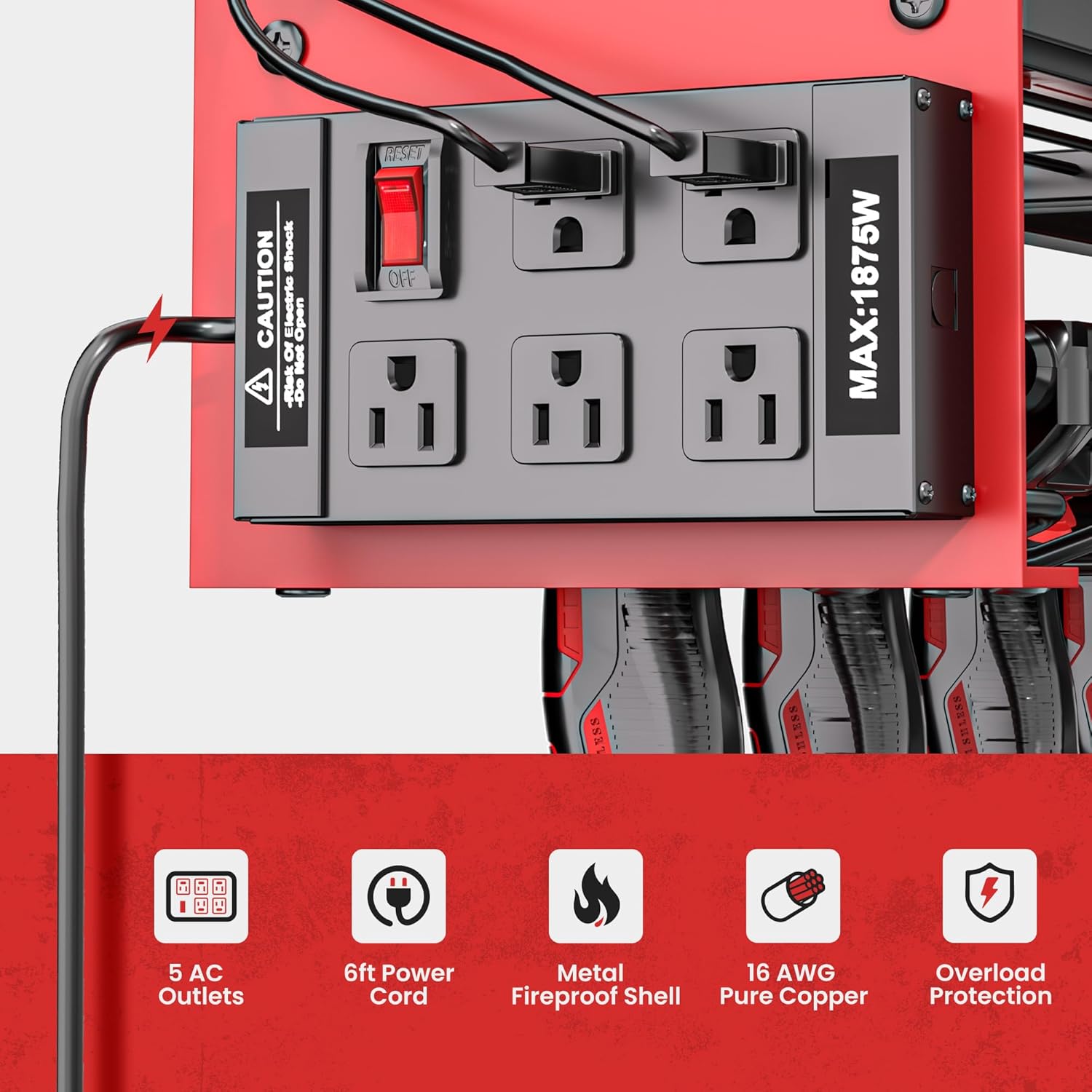 Power Tool Organizer Wall Mount with Charging Station, Heavy Duty Metal Tool Storage with 5 Outlets, Cordless Drill and Battery Holder for Garage and Workshop Organization, Red