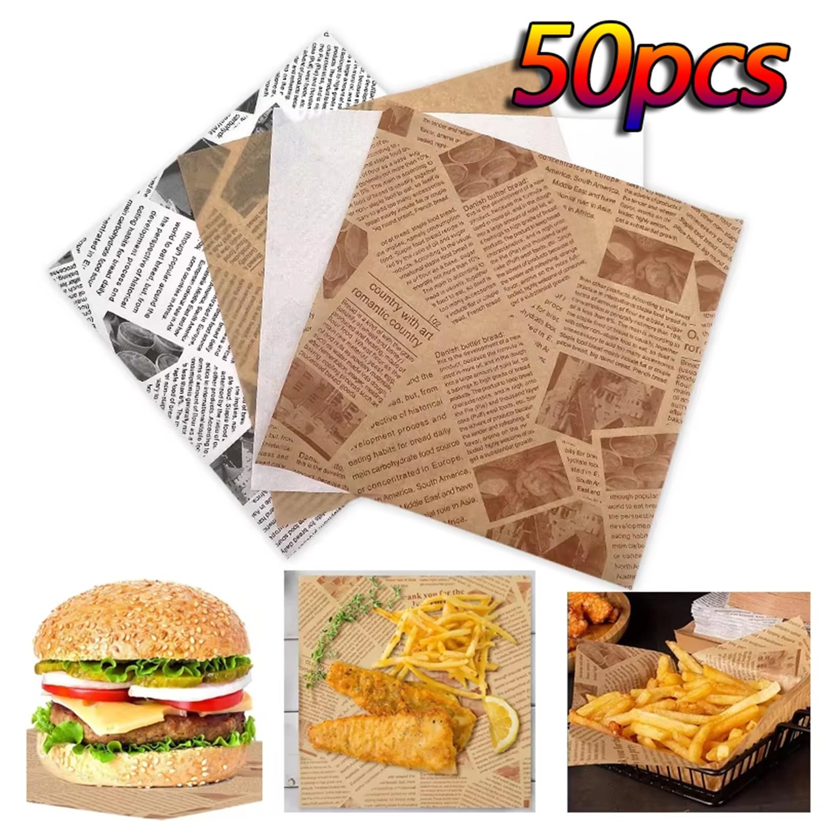 Papel de horno Papel a prueba de aceite for envolver alimentos, hornear sándwiches, hamburguesas, papas fritas, papel for fritos(White 50pcs-30cm)