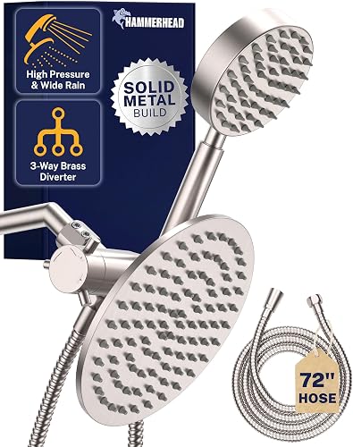 HammerHead Showers Dual Shower Head Combo - 8 Inch Rain Shower Head & High Pressure Handheld - Brushed Nickel