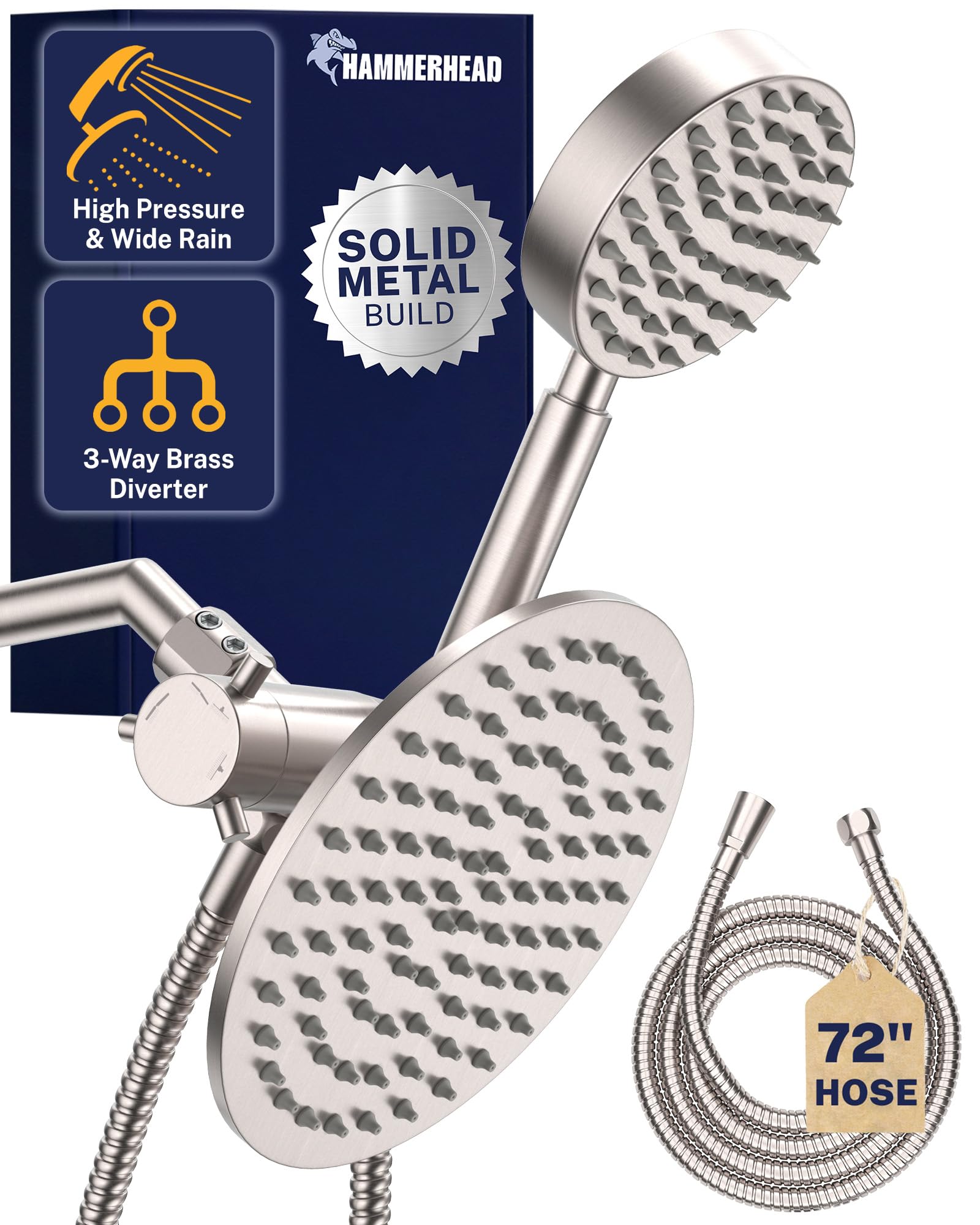 Hammerhead Showers® Solid Metal Dual Shower Head Combo – Brushed Nickel – 8 Inch Rainfall High Flow Shower Head & Handheld Shower Head High Pressure with Hose 6ft - Hotel-Like Double Shower Heads