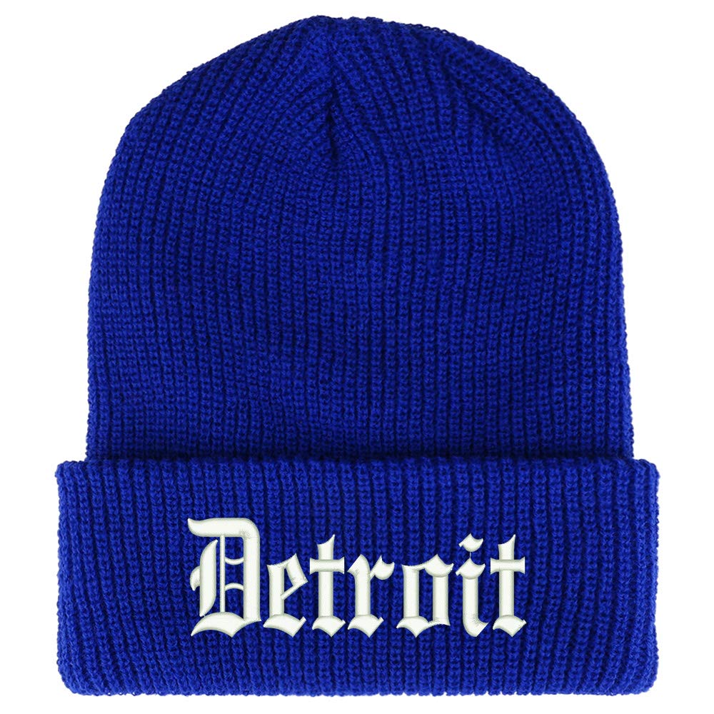 Trendy Apparel Shop Old English Font Detroit City Embroidered Ribbed Cuff Knit Beanie - Royal