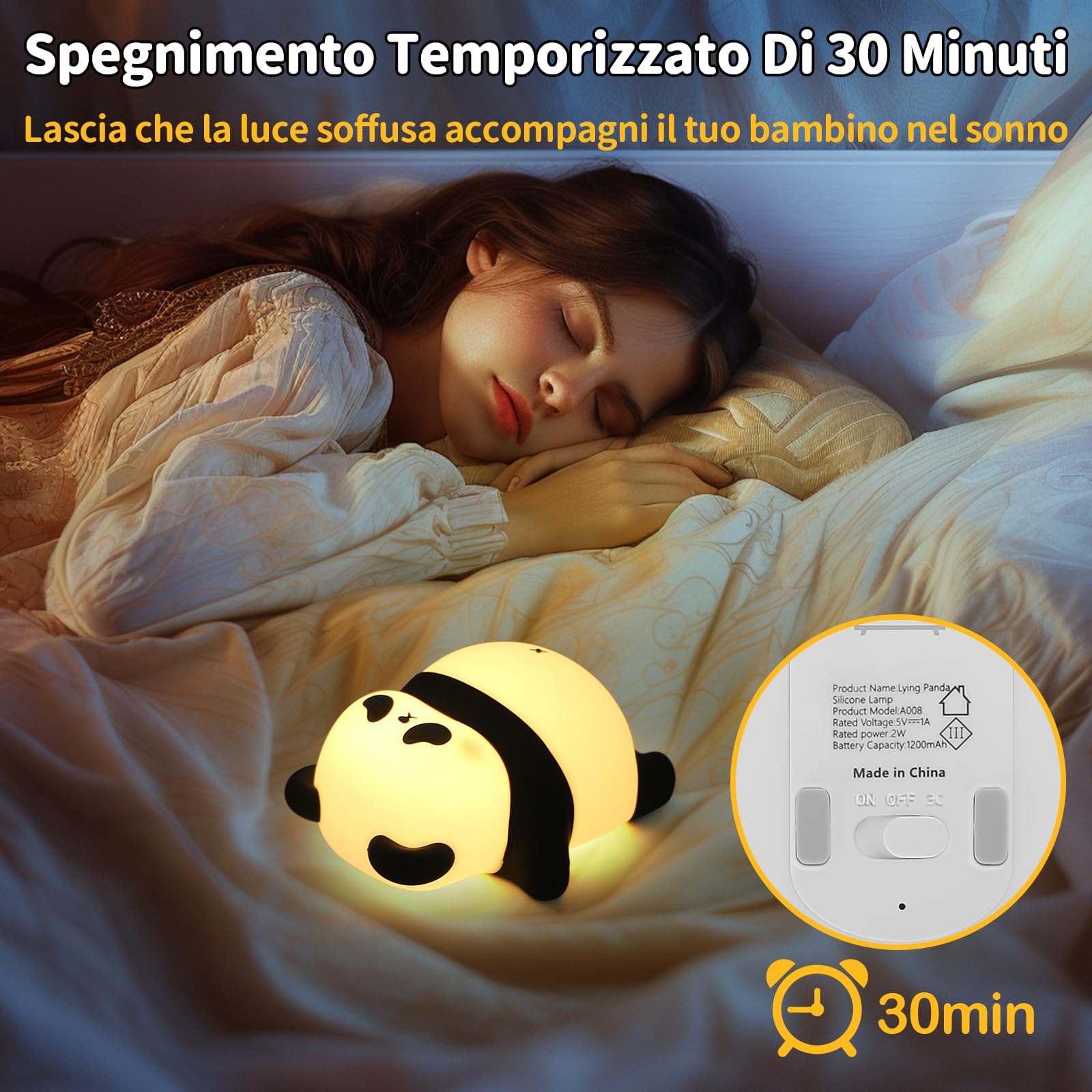 QIRAHQI Panda Luce Notturna Bambini, Ricaricabile USB Con Comandi Touch, 3 Livelli Di Luminosità, Timer Di 30 Minuti, Lampada Panda In Silicone, Lampada Da Comodino Per Decorare La Stanza Dei Bambini