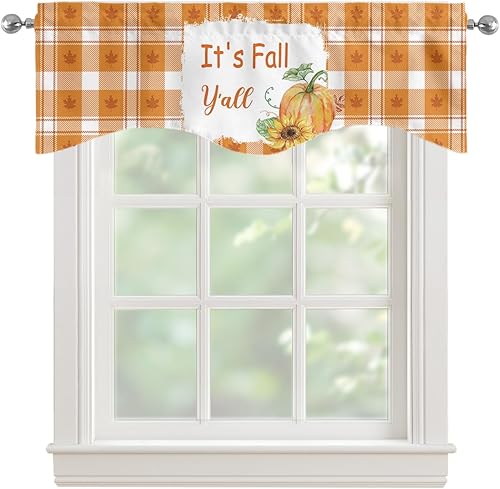 Kitchen Valances for Windows Thanksgiving It's Fall Y'all Pumpkin Sunflower Maple Leaves Orange Buffalo Check Short Curtains for Windows Bedroom