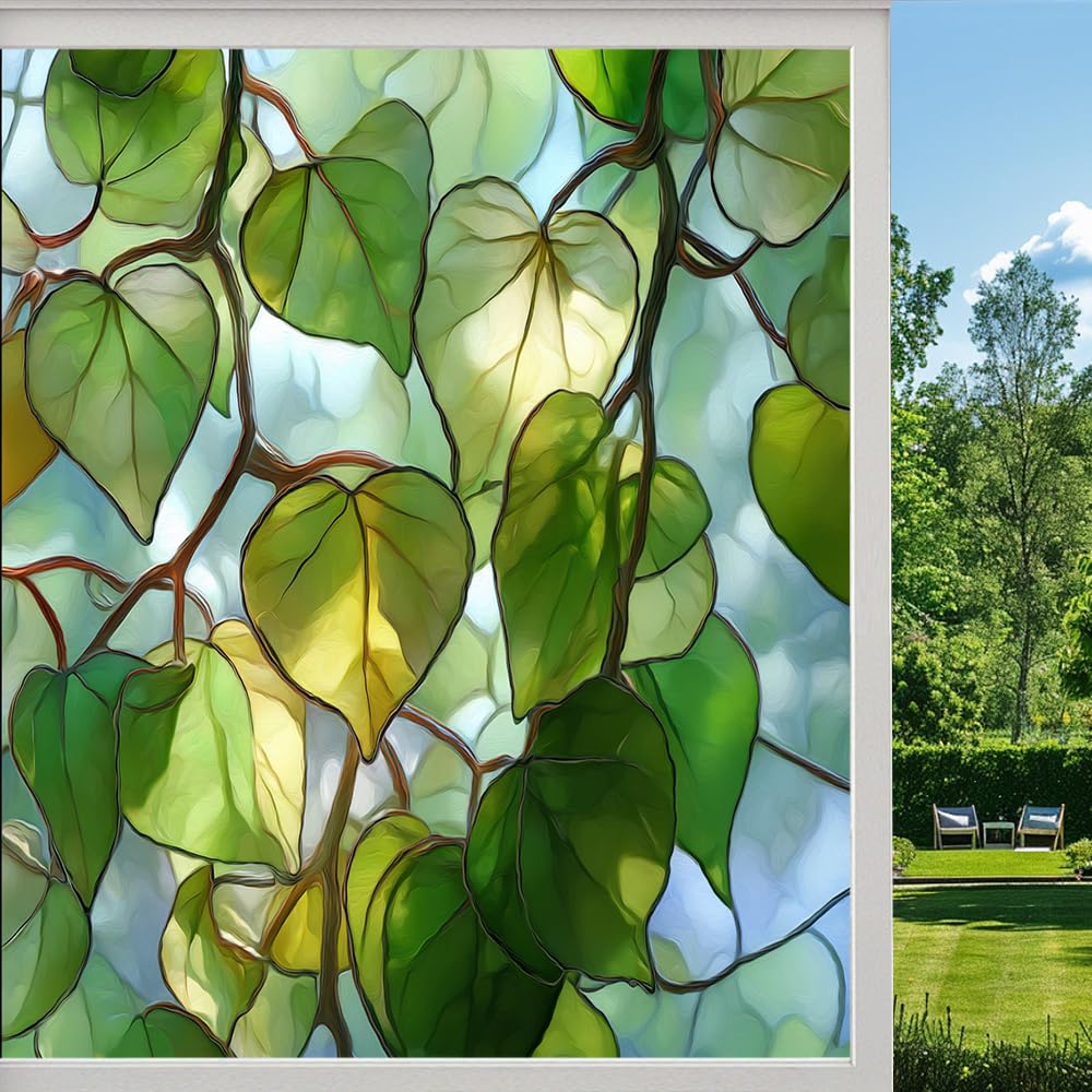 Modern Leaves Stained Glass Window Film, Rustic Heart Plants Peel and Stick Privacy Film, Frosted Adhesive Vinyl Decorative for Bathroom Windows Glass Doors, （80x120cm）