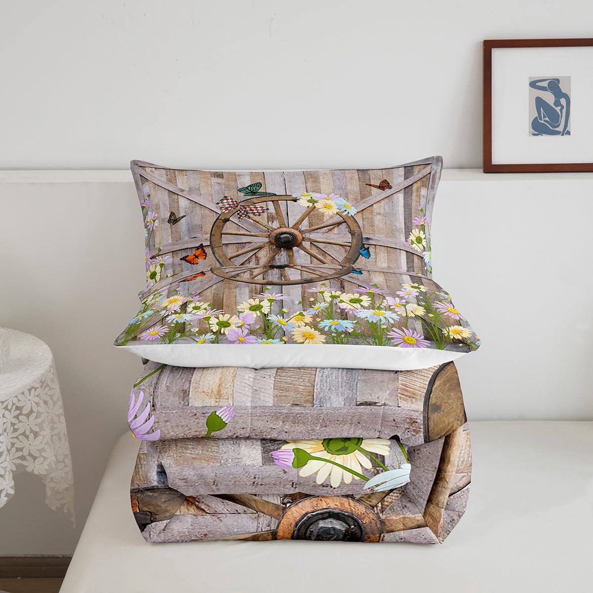 Erosebridal Twin Beige Floral Comforter Set – Cream Daisy Bedding For Kids & Teens, Lightweight Microfiber