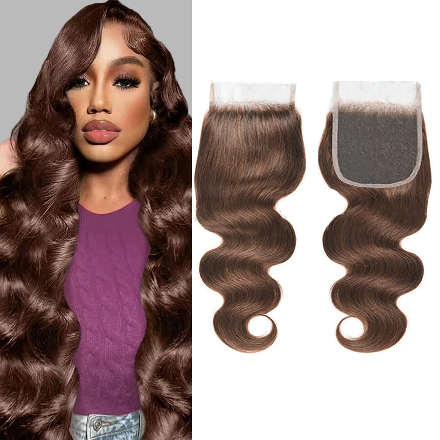 Chocolate Brown Closure 5x5 Body Wave Color #4 Closure Brazilian Human Hair Extensions Preplucked Bleached Knots Wet And WavyFor Women 10 Inch