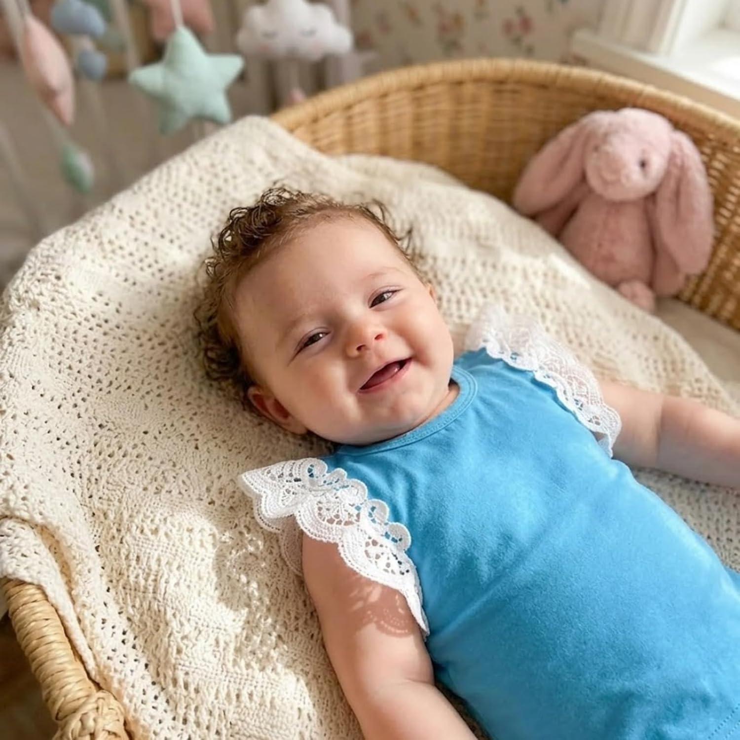 Baby Girl Clothes -Soft Cotton Summer Shirt with White Lace Shoulder Detail - Blue (0–3 Months)