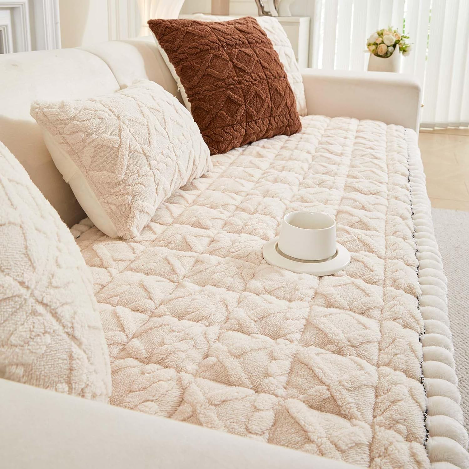 vctops Soft Plush Sofa Couch Cover Boho Geometric Pattern Sectional Sofa Cover Non Slip Washable Sofa Slipcover Furniture Protector for Kids Dogs Pets (White,27"x59")