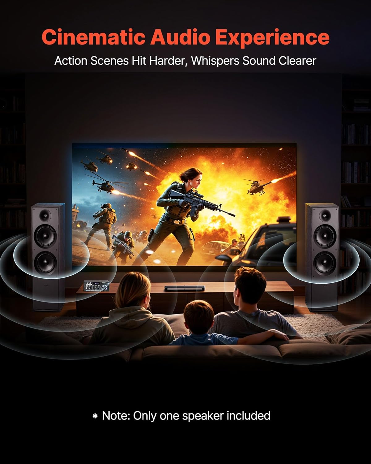 Family enjoying cinematic audio experience with two speakers