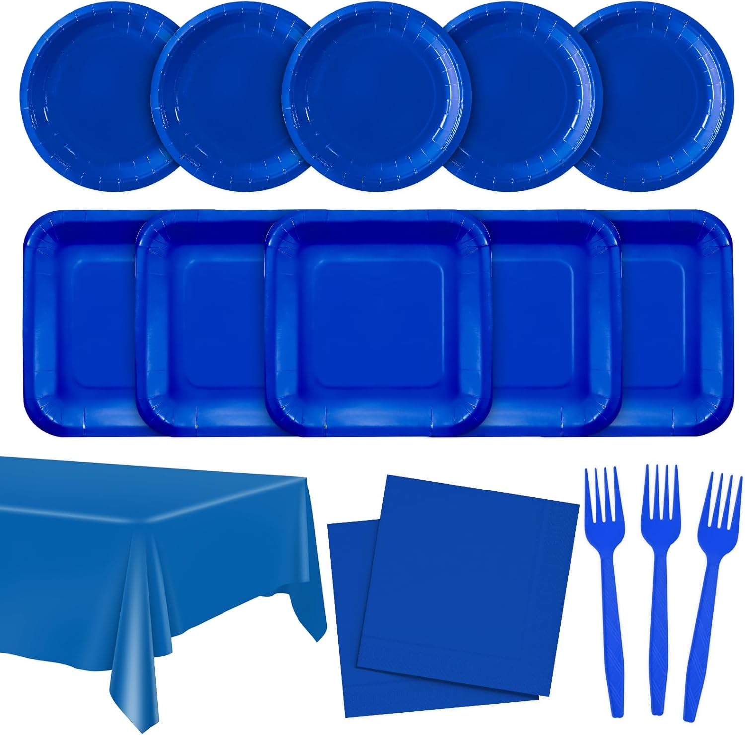 YY Serve 50 Party Paper Plates Set Blue Disposable Dinnerware Solid Color Dinner Plates Napkins with Forks, Table Covers