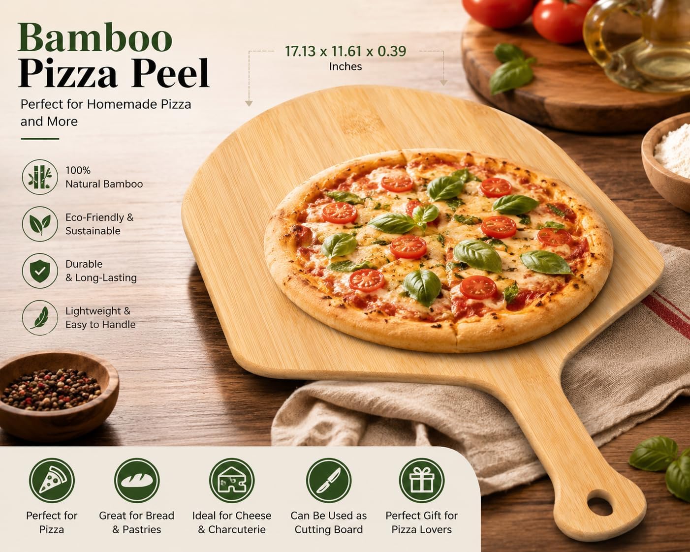 Wooden Pizza Peel, Bamboo Pizza Paddle Handle, 17.13 x 11.61 Inch Wood Pizza Peel for Baking, Serving & Cutting Pizza, Bread & Pastries, Wooden Pizza Board, Durable Design for Kitchen and Oven Use