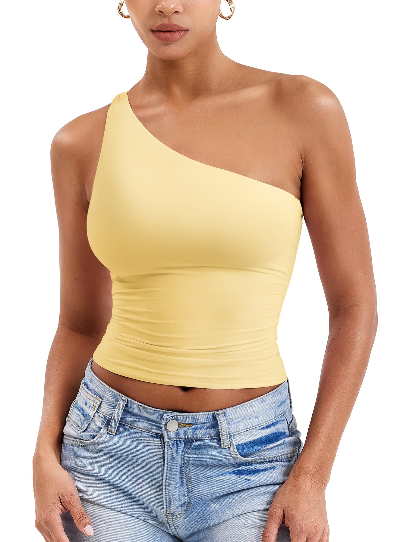 YEOREO Womens One Shoulder Tops Sleeveless Going Out Tank Top Fanciy Double Lined Cropped Tee Y2K Summer Shirts Slim Fit